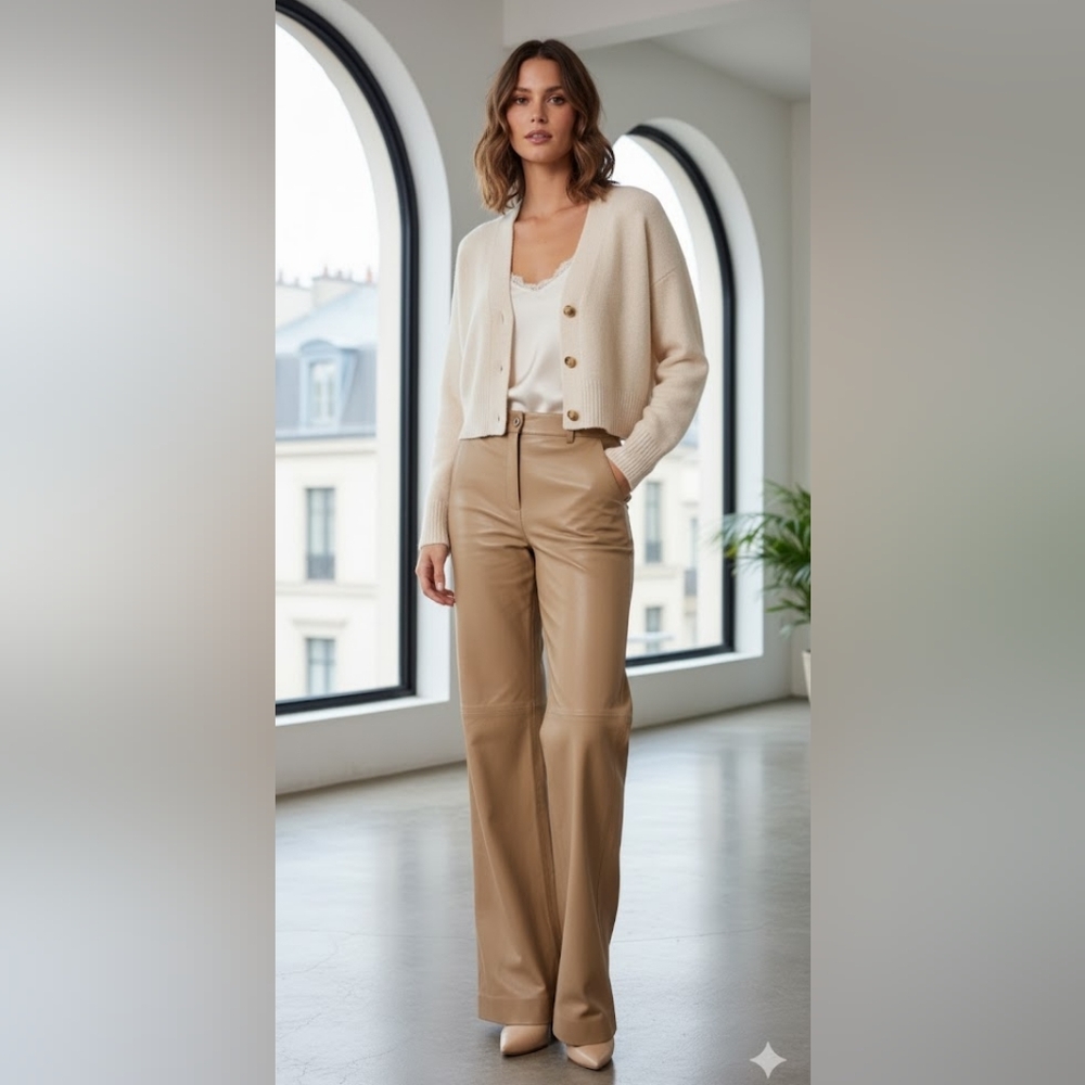 &OTHER STORIES 100%genuine leather high waist wide leg pants in beige Sz8